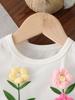 Baby Girl Summer Outfit Short Sleeve Round Neck Striped Top with 3D Flower Embroidery and Solid Color Ruffle Shorts 2Pcs Set