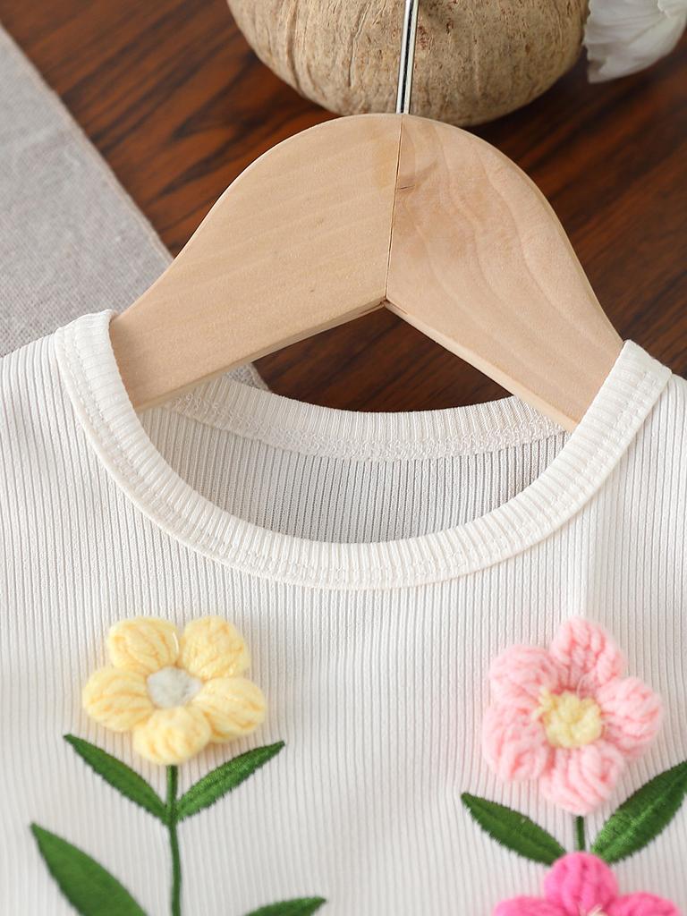 Baby Girl Summer Outfit Short Sleeve Round Neck Striped Top with 3D Flower Embroidery and Solid Color Ruffle Shorts 2Pcs Set