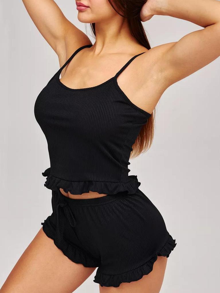 Women's European & American Ruffle Hem Knit Camisole & Shorts - Sexy, Casual Homewear