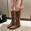2025 New Women's Boots Low Heel Cowboy Western Short Leather Knee High Luxury Designer Gothic New Rock Shoes Vintage