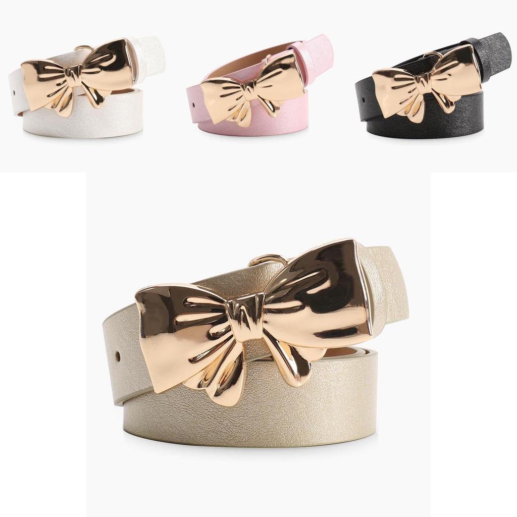 Pu Leather Womens Belt With Metal Bow Knot Buckle For Casual And Office Style