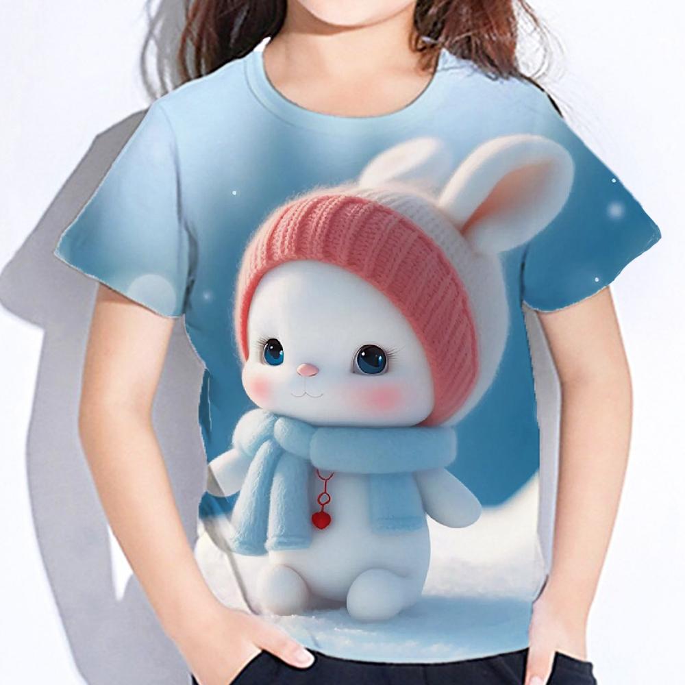 Rabbit Cartoon Print Toddler Short Sleeve Tops Oversized Crew Neck Tees Little Girl Clothes