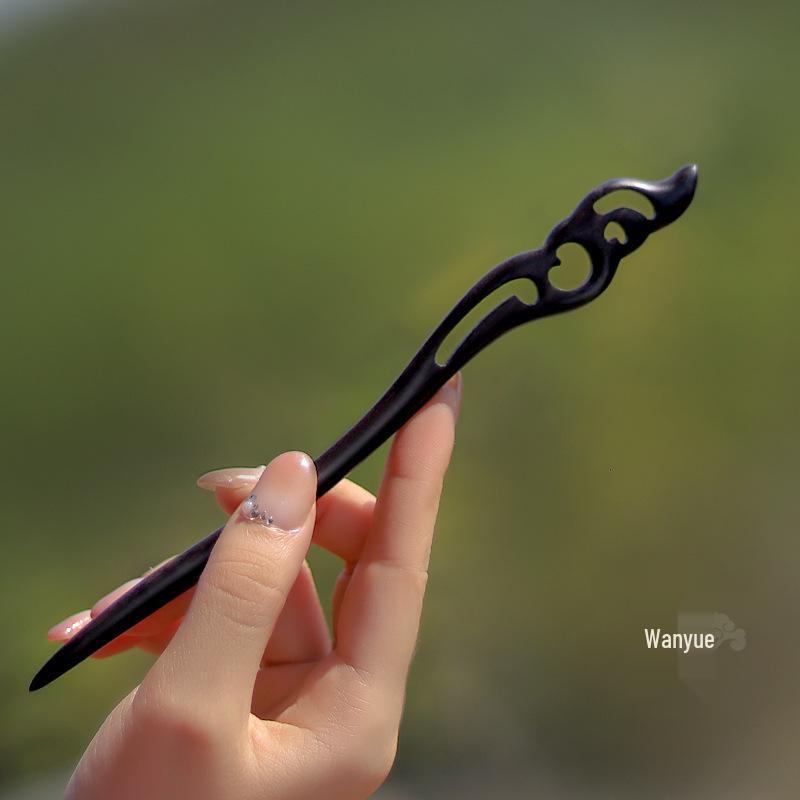 High-End Natural Ebony Wood Hairpin - Extended Chinese Ancient Style Black Hair Bun Accessory