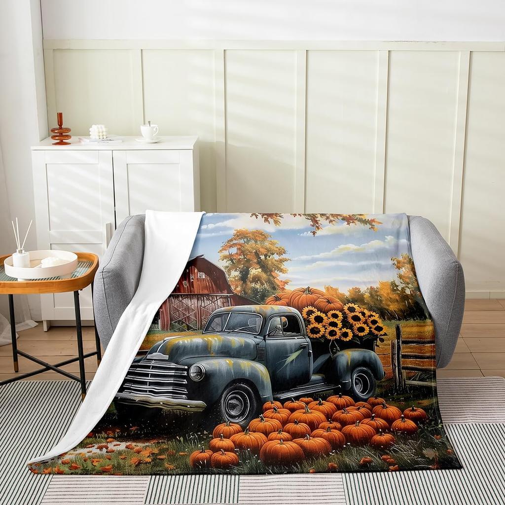 GUOYU Blanket Fall Pumpkin Harvest Fleece Flannel BlanketRustic Maple Autumn Leaves Bed Plush Blanket for Rustic Home DecorHarvest Patchwork