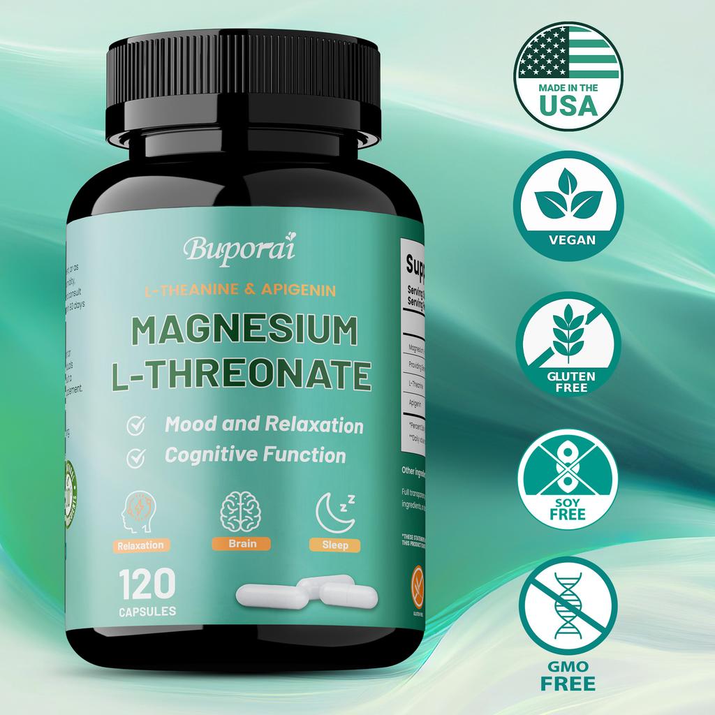 Buporui Magnesium Threonate Dietary Supplement, Containing Magnesium Threonate, Theanine, and Apigenin, for Daily Nutritional Supplementation