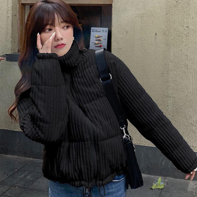 Jachetă de bumbac reiat pentru femei, groasă, largă, tip palton pâine, scurtă, culoare solidă, cu mâneci lungi, cu guler înalt, îmbrăcăminte exterioară, iarnă, îmbrăcăminte de bumbac