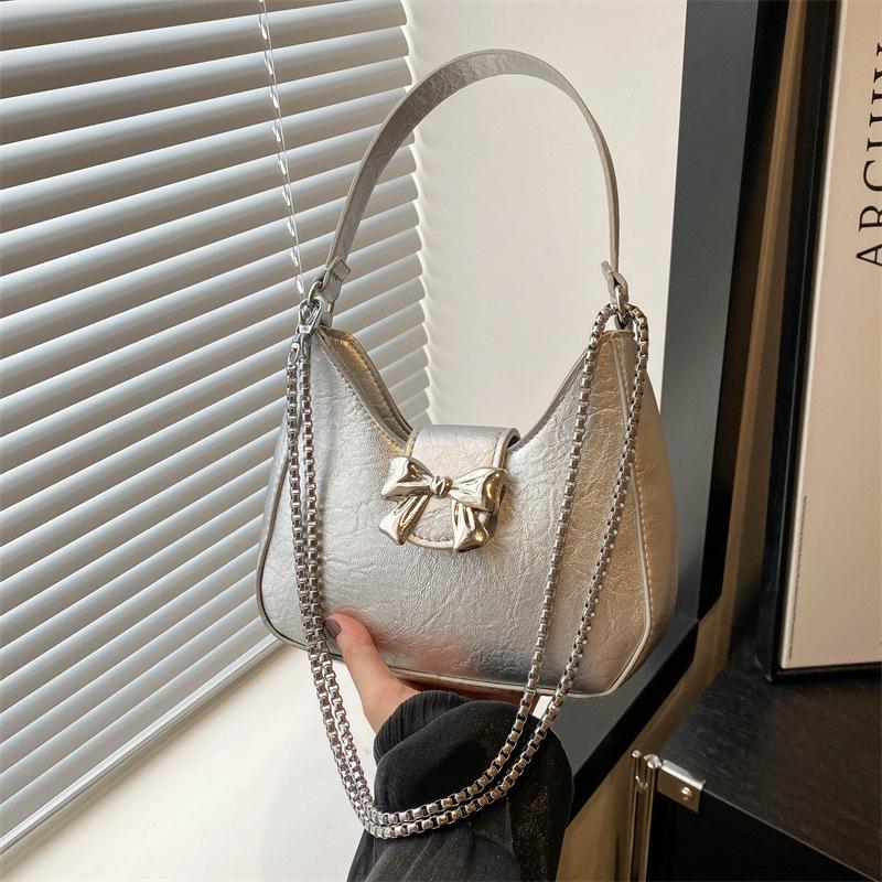 Sweet Solid Color Bow Handbag Women's 2025 New Trendy Fashion Niche Underarm Bag Chain Messenger Bag