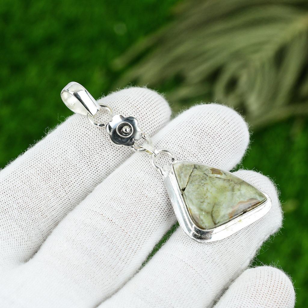 Natural Polychrome Jasper Gemstone Pendant Green 925 Sterling Silver Jewelry