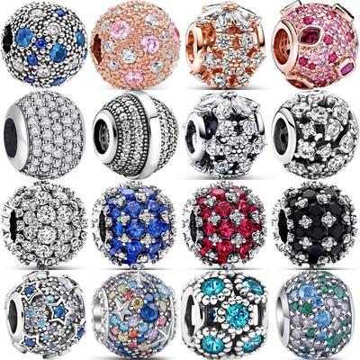 925 Sterlingsilber Funkelnder Pavé Runder Schwarzer Roter Blauer Klarer Charm Zirkonperlen Passend für Original Pantaro Armband DIY Zirkon