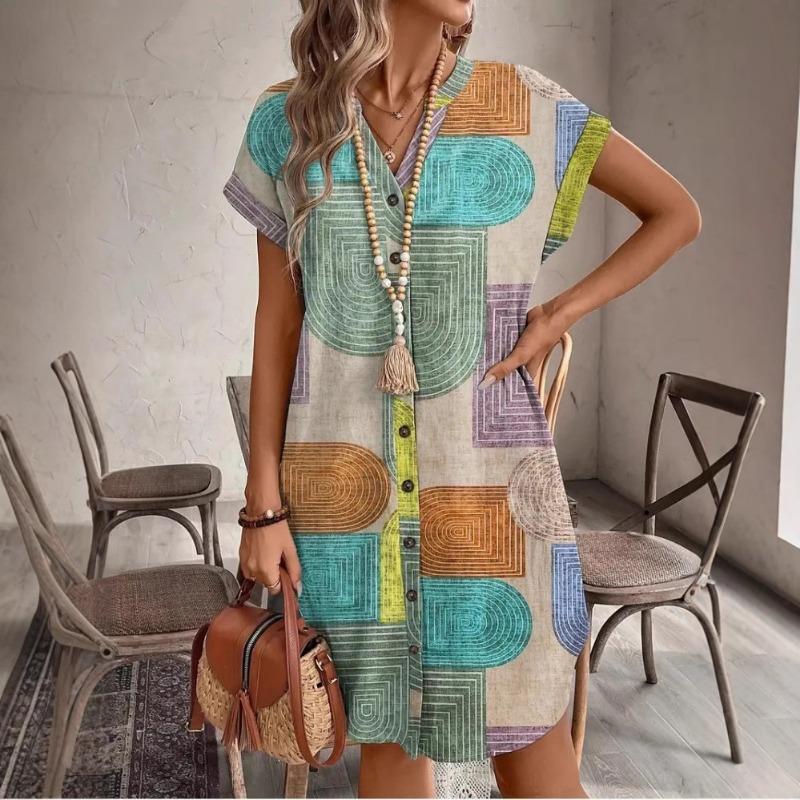 

Summer V-neck Geometric Printing Button Up Dress Large Size Short Sleeve Casual Dress Elegant Loose Female Fashion Simple Street Wear Lapel Clothing S
