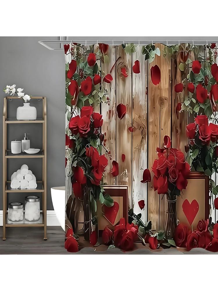 

Rose Flower Wood Panel Shower Curtain, Bathroom Decorative Shower Curtain, Waterproof Shower Curtain With Hooks W60H190(CM)-1 Pcs