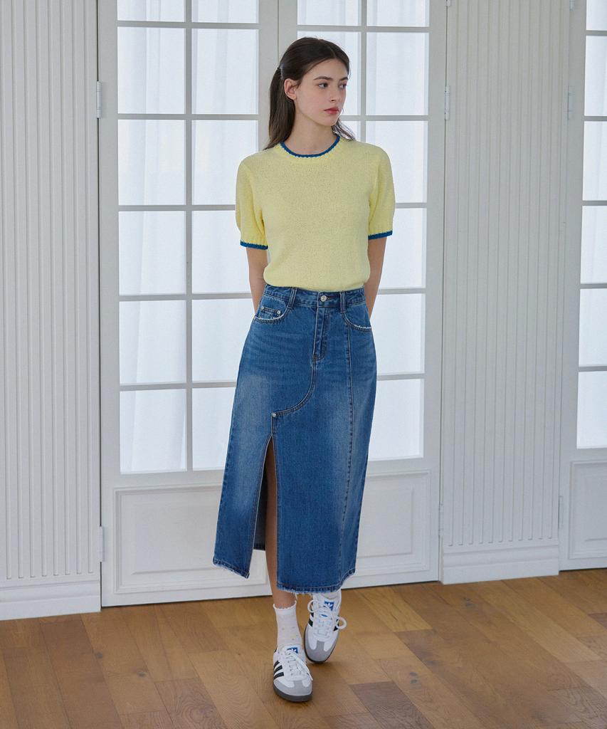 Deuloupisumeon Line Color Block Boucle Short Sleeve Knit [Lemon]