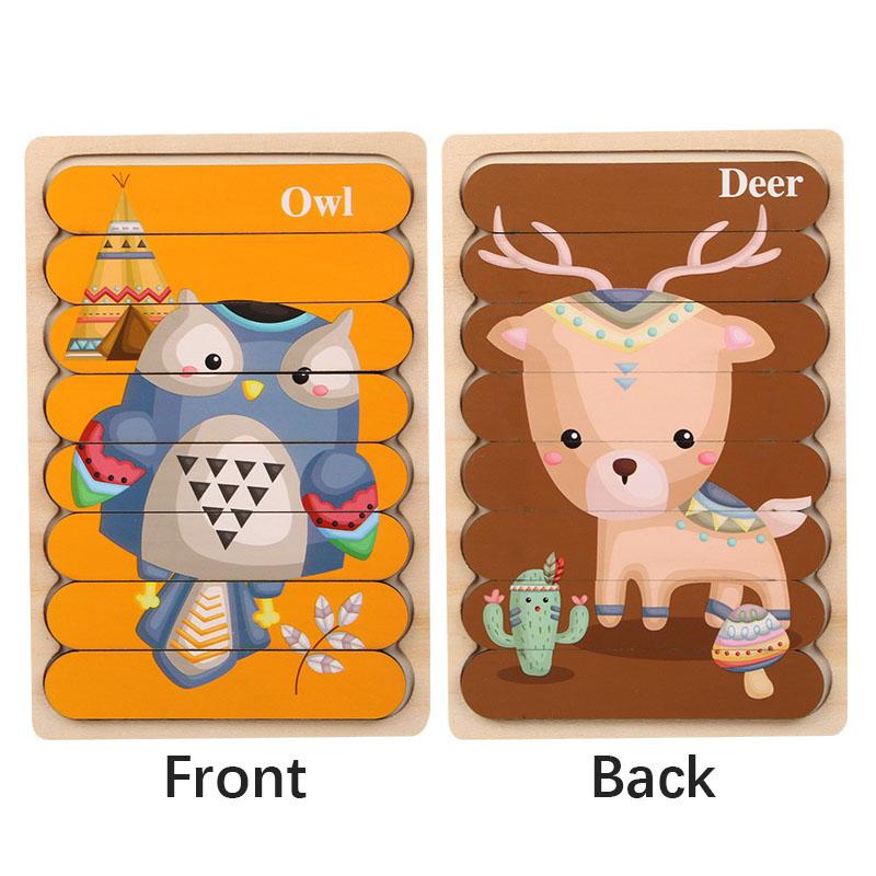 Cartoon Animal Double-sided Strip Wooden Puzzles Kids Montessori Jigsaw Game Baby Educational Toys for Children