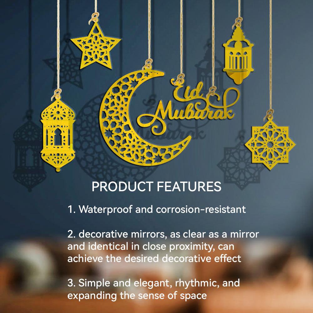 Eid Mubarak Pendant Decoration Star Moon Hanging Ornament Acrylic Mirror Ramadan Kareem Home Background Muslim Party Supplies