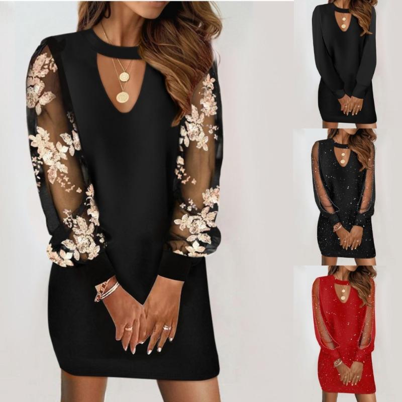 Spring Neck Lace Long Sleeve Printed Waist Dress Women's Clothing