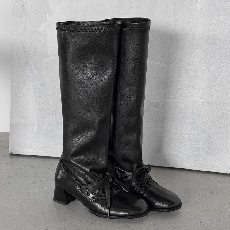 Skinny high-heeled boots 2025 autumn and winter new thick-heeled lace-up wrinkled stacked high boots female knight boots female