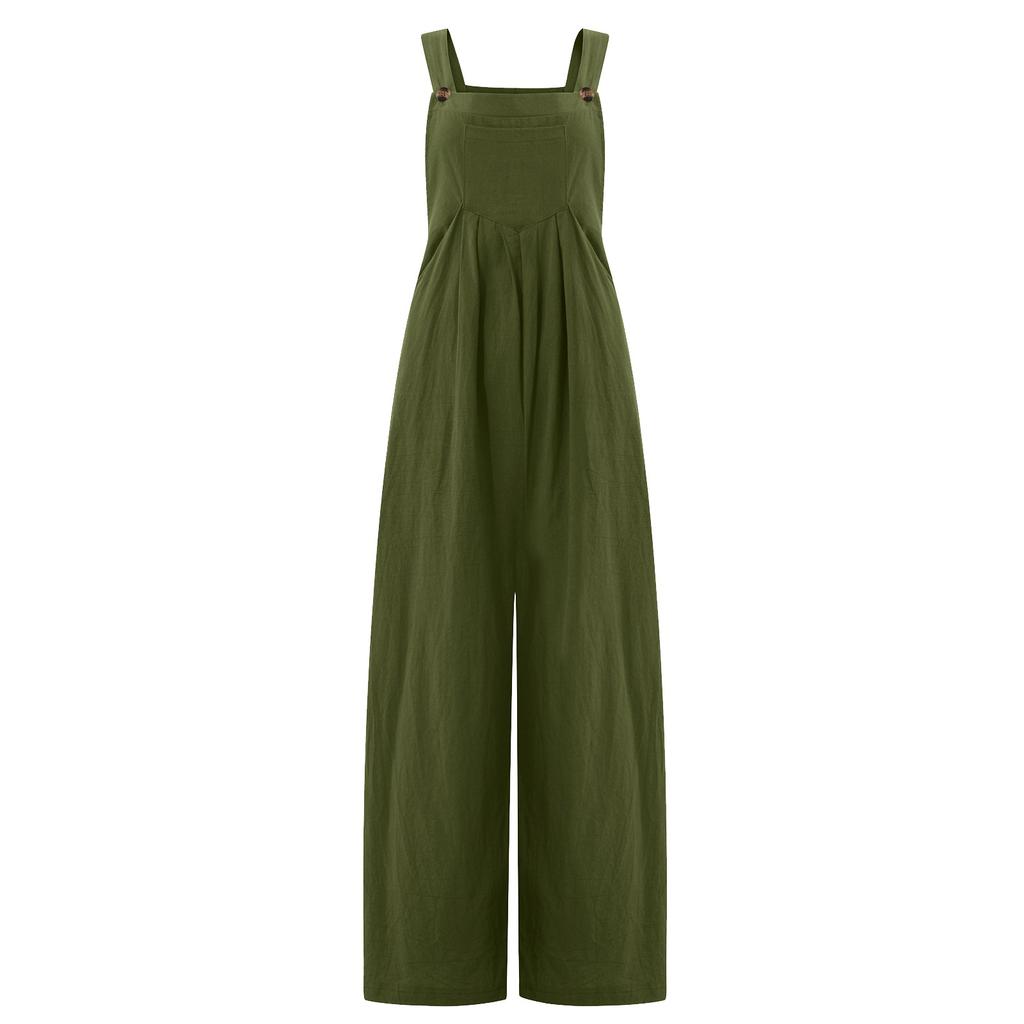 Women's Summer Casual Color Sleeveless Sling Pocket Wide Leg Side Button Jumpsuit