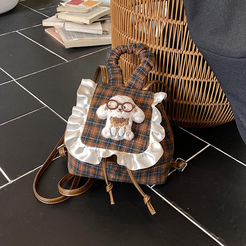 Korean Style Children's Plaid Plush Cartoon Doll Backpack