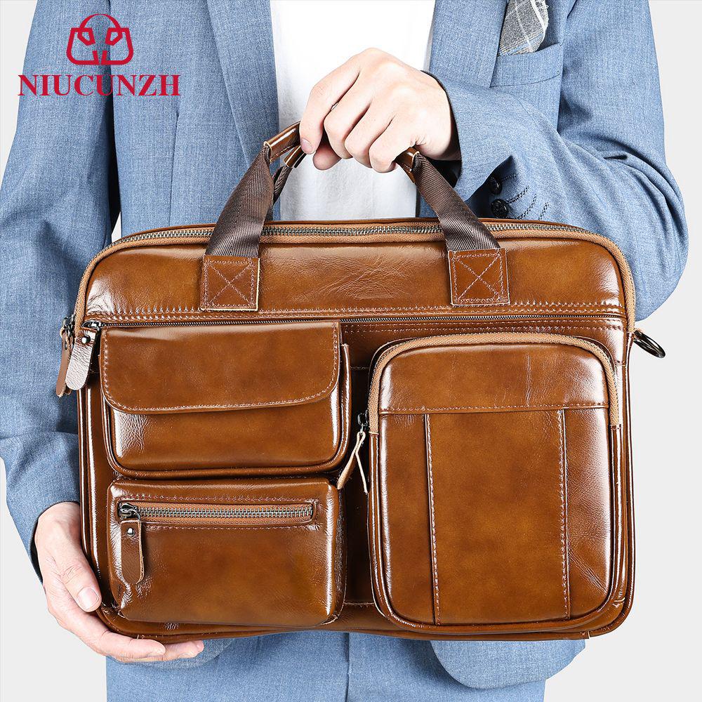 Men's Genuine Leather Crossbody Laptop Bag – Top Layer Cowhide Briefcase Handbag