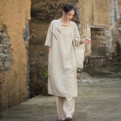 Dames Vintage Jurk Ronde Hals Halve Mouw Effen Kleur Stoffen Zomerlos Knopen Chinese Stijl Jurk