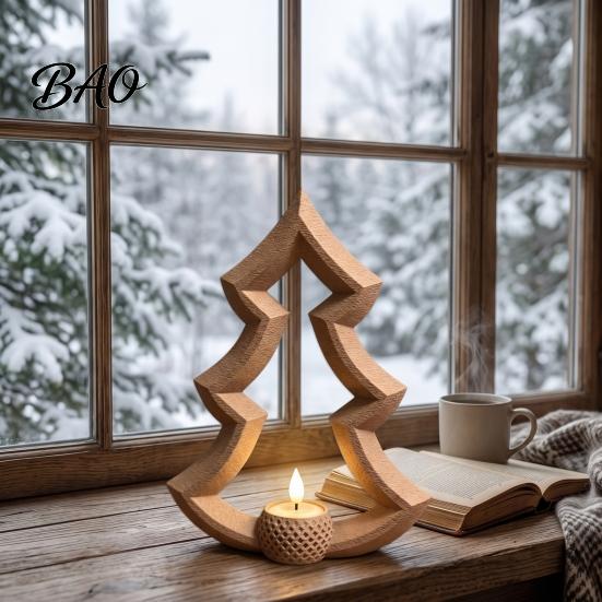 Easy Setup Christmas Ornament Tree Tea Light Candle Holder, 3D Printed Hollow Wood Winter Seasonal Tabletop Decor for Holiday Party Home Decor,
