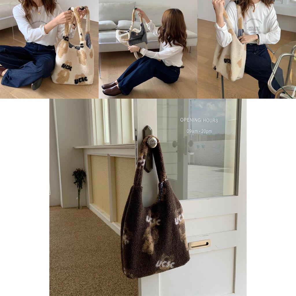 Stylish Plush Teddy Bear Tote Bag Soft Lambswool Large Capacity Everyday Purse