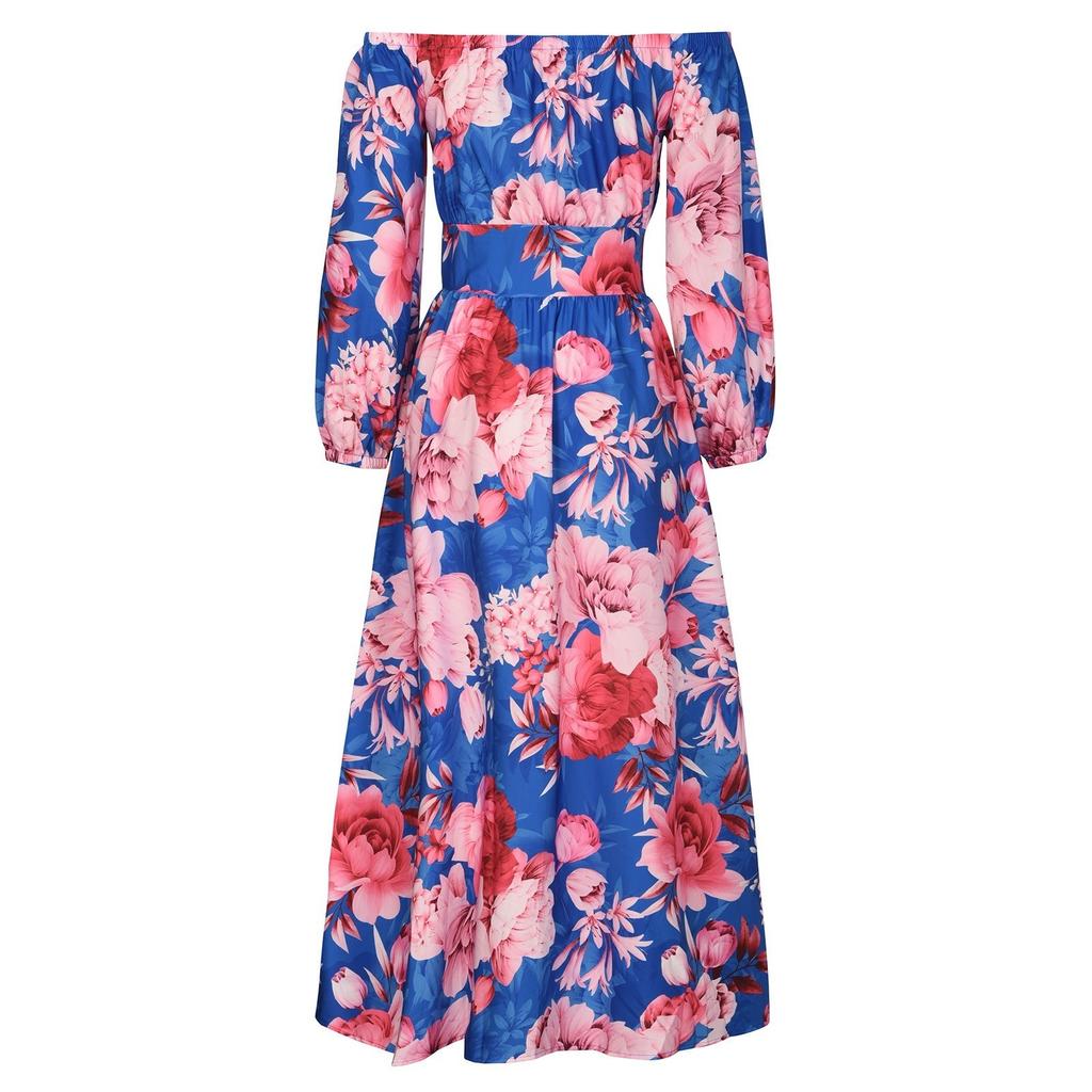 Women's Casual Sexy Flat Neck Pullover Long Sleeve Printed Slit Dress