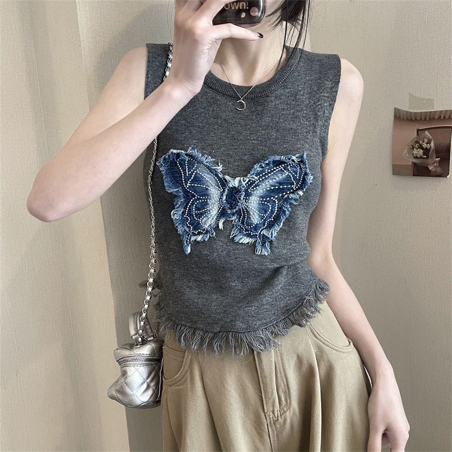 Summer Thai Style Niche Sweet and Spicy Butterfly Tank Top with Camisole for Women Wearing Short Sleeveless Tops
