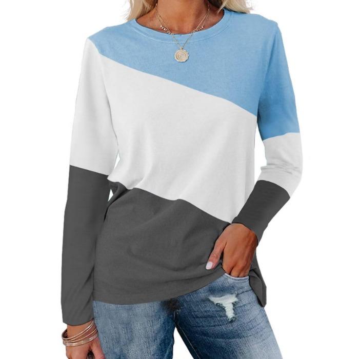 Fashion Color Blocked Long Sleeved Top with Personalized Contrasting Design for Women's Casual T-shirts
