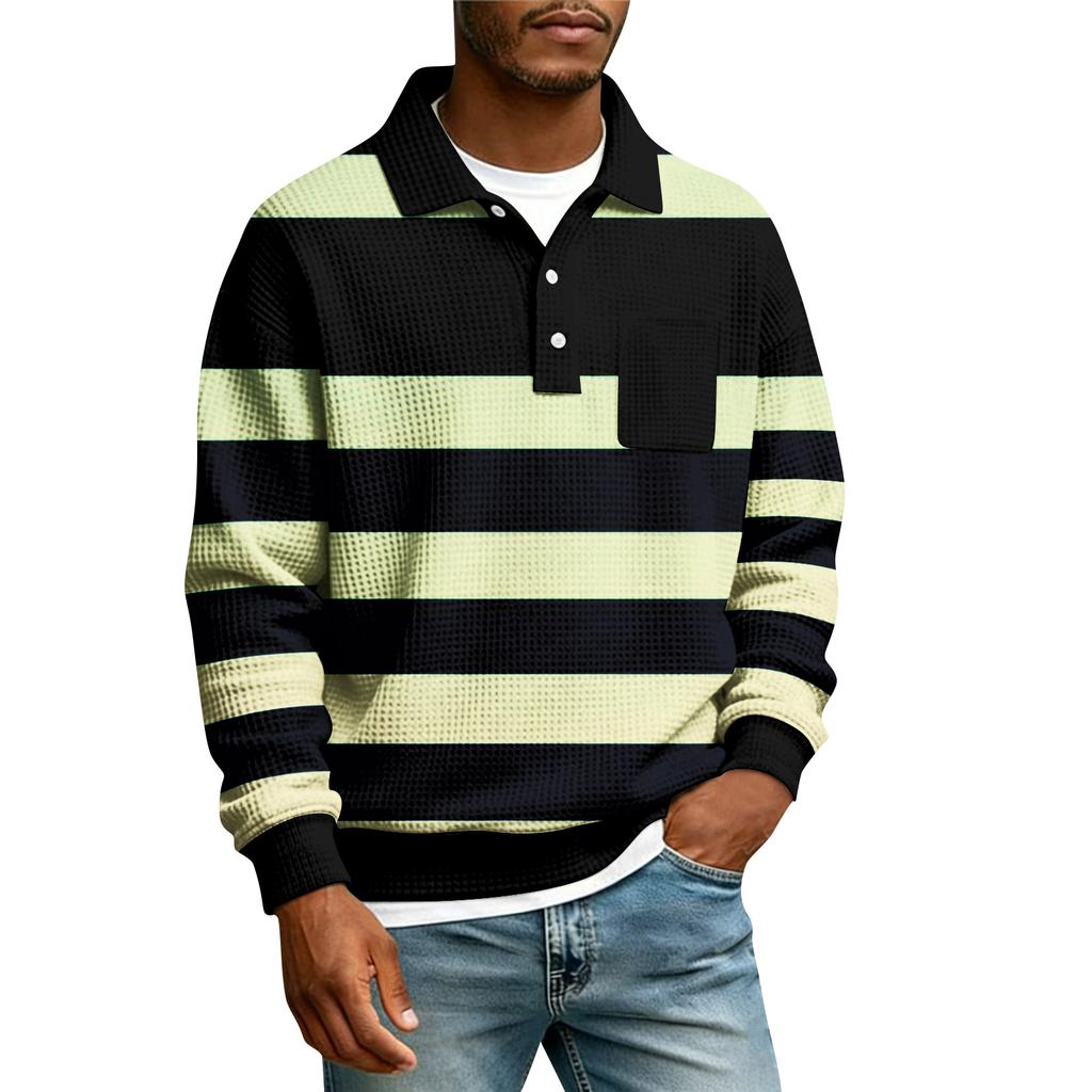 Men's Striped Single Breasted Long Sleeved Shirt With Collar And Pockets Casual Sports T-shirt