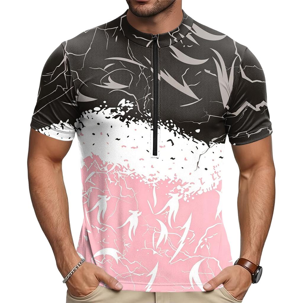 Men's Round Neck Printed Short Sleeve Cycling Jersey Breathable Quick Dry Zipper Front Lightweight Sportswear for Outdoor Riding