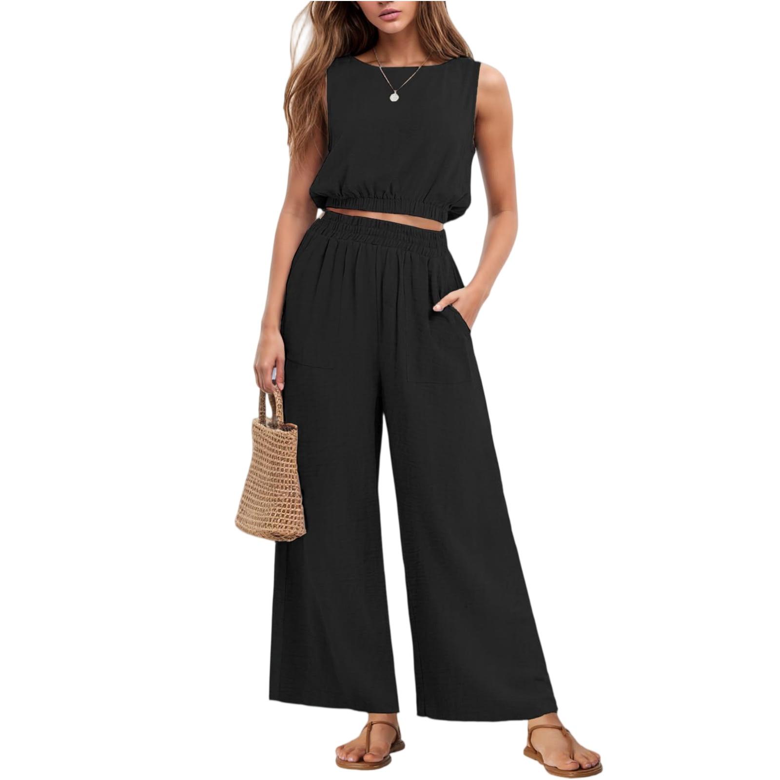 

Women s Fashion Casual Sleeveless Tank Top With Elastic Hem And High Waisted Wide Leg Two Piece Set L чорний