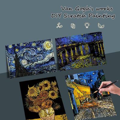 4 Adet/Set 40.5X28.5 Cm Kendin Yap Kazımalı Boyama Vincent Van Gogh Ayçiçekleri Yıldızlı Gece Sanat Eseri Kazımalı Boyama Çizim Oyuncakları