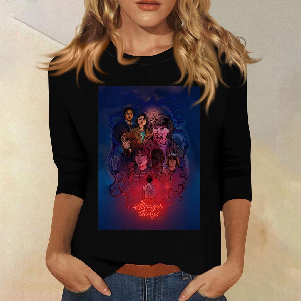 Bluze cu mânecă 3/4 pentru femei Tricou Casual Topuri cu imprimeu Tricou Gât rotund Pulover Bluză