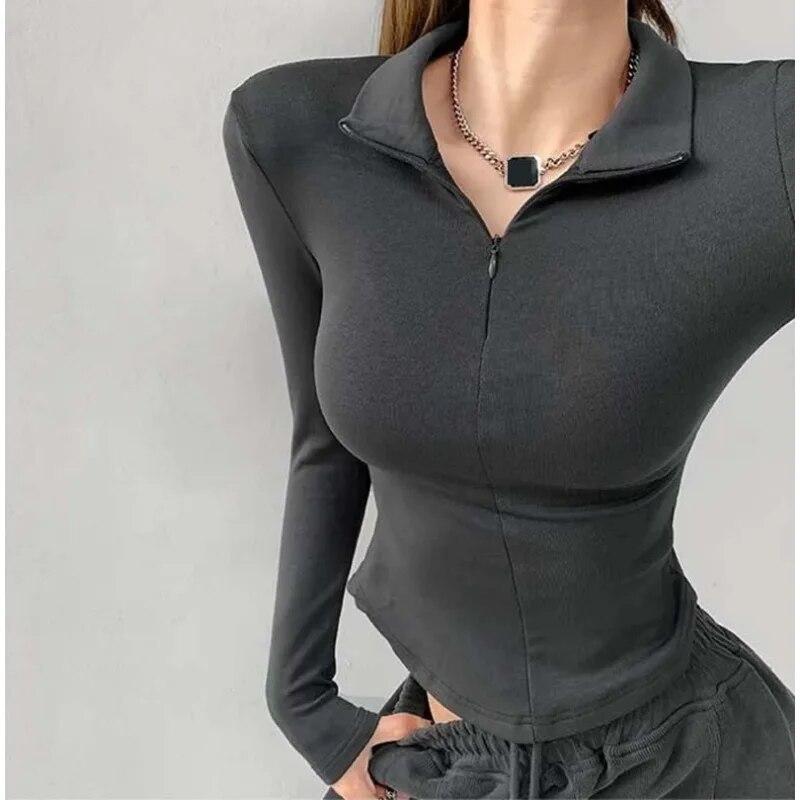 Elastic Tight Sexy Lapel Long Sleeve T-shirt Women Hottie Turndown Collar Slim Undershirt Inside Velveteen Sports Shirt Casual