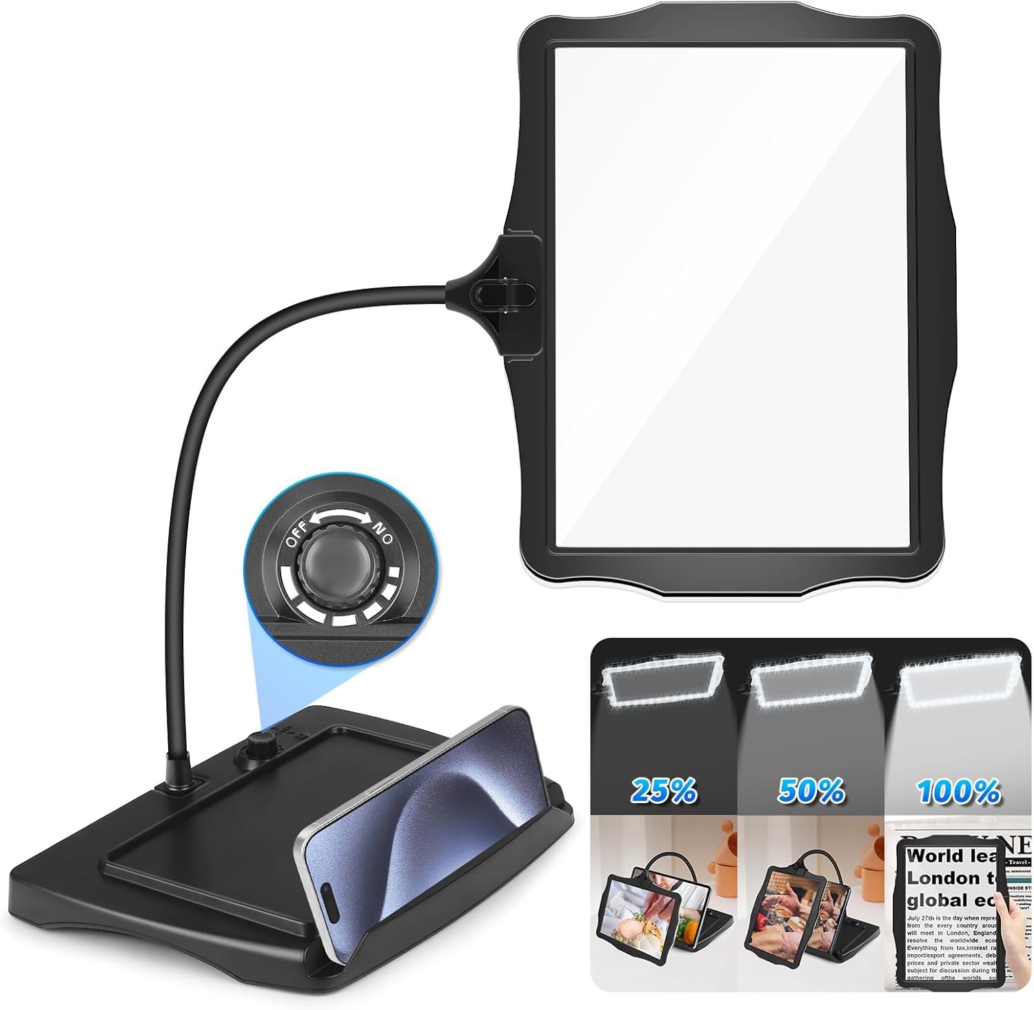 

Stand Magnifier 10x Magnifying Rechargeable Magnifier with Lamp and 50 LED Flexible Goose Neck Magnifying 28cm Large Page for Close View Black Stand,