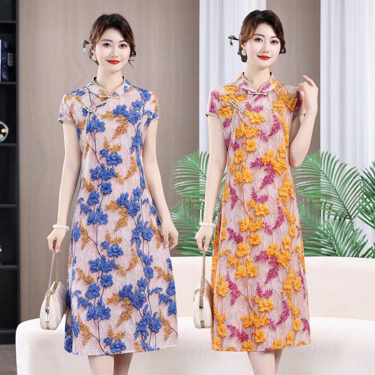 

Women s Summer 2026 Short-Sleeve Elegant Plus Size Qipao Dress with Belly Concealing Mid-Length Skirt 3XL (120-135 lbs)