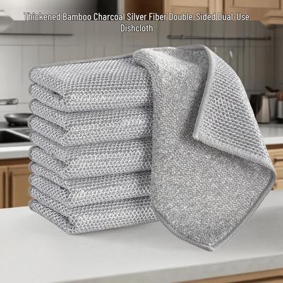 Double-Sided Bamboo Charcoal Absorbent Dishcloth with Silver Thread and Coconut Shell