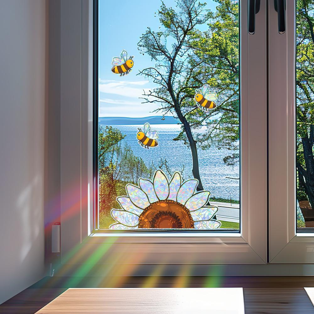 Kreative Sonnenblume Kleine Biene Glastür und Fenster Antistatische Fensteraufkleber