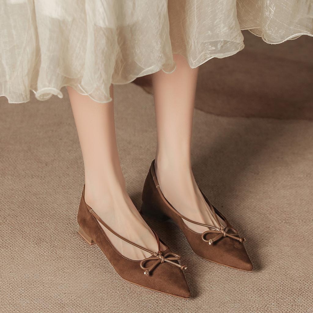 Microfiber suede fashion single shoes women's thick heels pointed bows retro temperament Mary Jane shoes are not tired