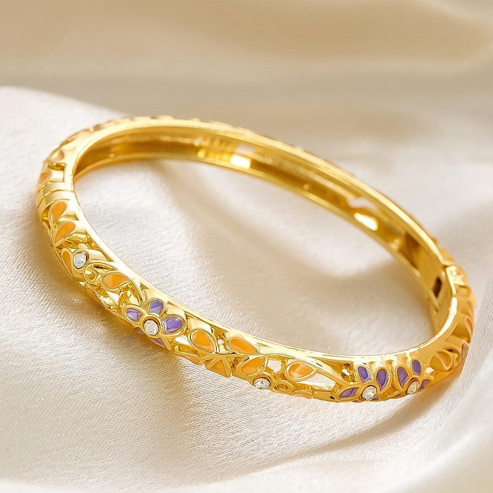 Классический эмалированный браслет-бангл с текстурой цветка и глазурью, инкрустированный бриллиантами, для женщин. Винтажный медный металлический браслет на руку. Вечерние украшения. Подарки. 58-60mm