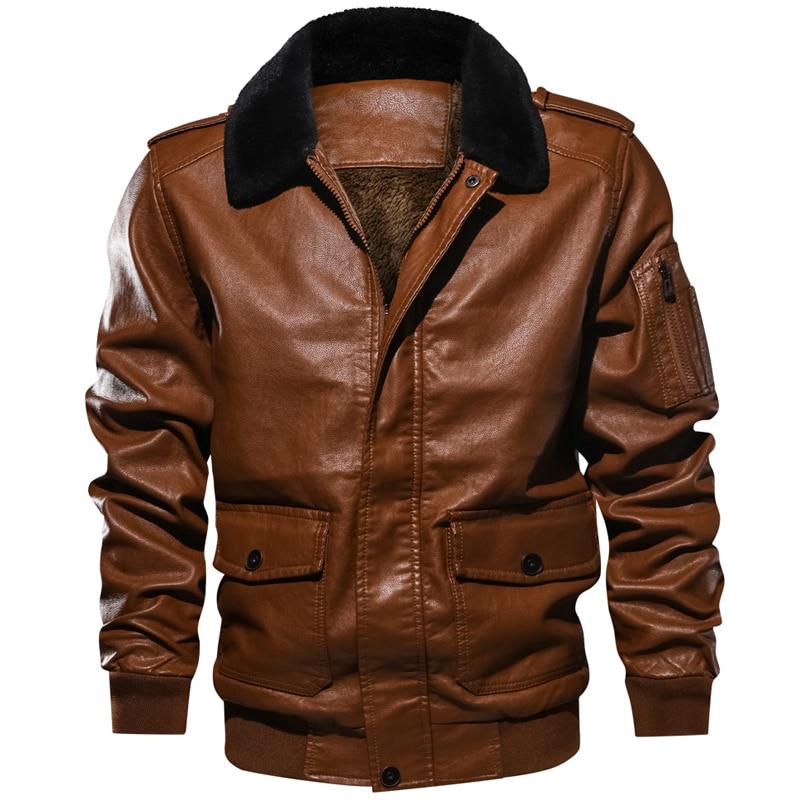 Men's Winter Leather Jacket Casual Fur Turn Down Collar Retro PU Flight Jackets Man Fleece Warm Faux