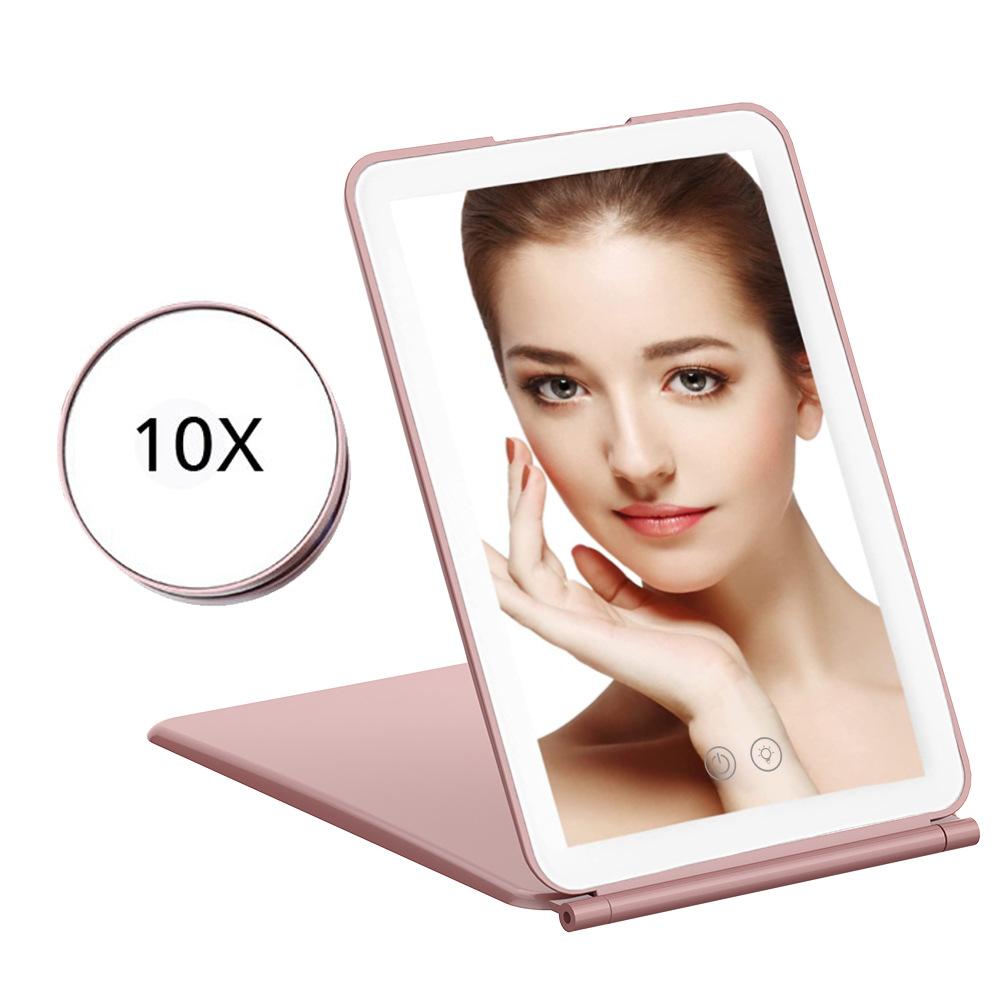 Led Folding Cosmetic Mirror with Lamp Rechargeable Flat Mirror Portable Folding Makeup Mirror on Both Sides