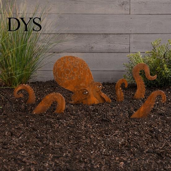 Octopus Garden Ornament Rust Patina Giant Squid Sculpture, 3D Metal Nautical Outdoor Marine Themed Decor Statue for Patio Lawn Beach House Decor,