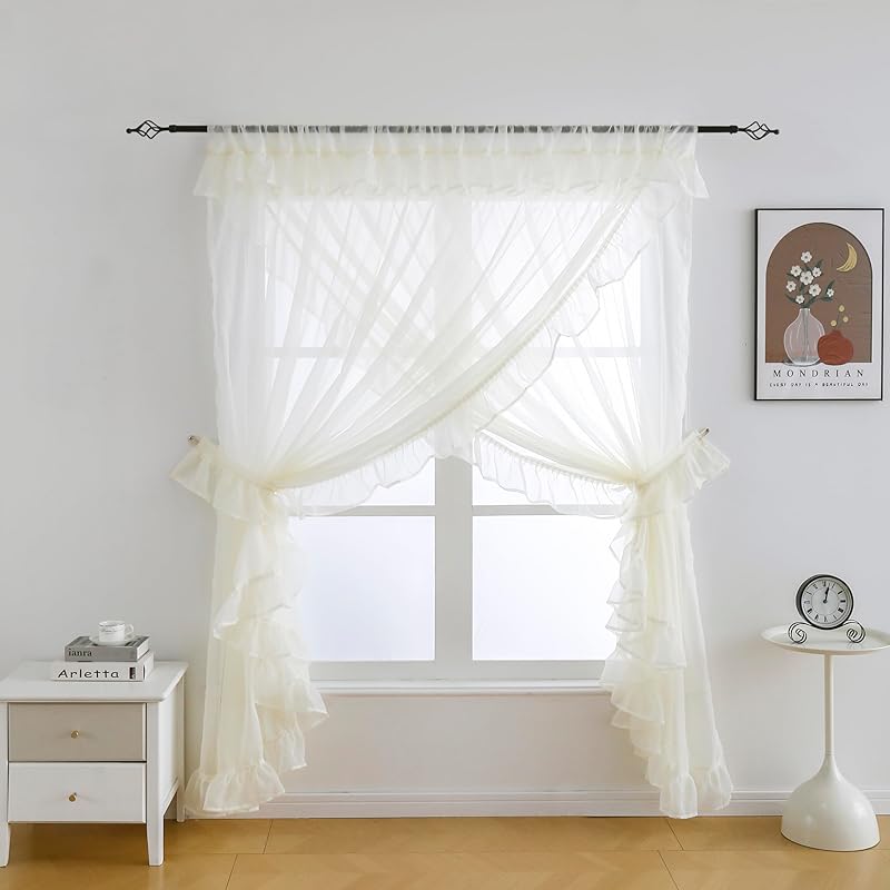 Shabby Chic Double Layer Sheer Ruffled Priscilla Rod Pocket Window Curtain Panel with Tiebacks White 100" W X 84" L
