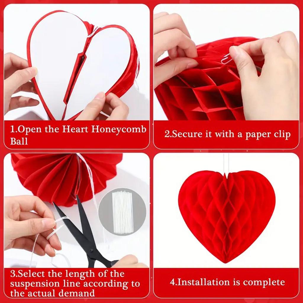 16Pieces Red Paper Heart Honeycomb Ball Decors for Home Office Romance Event Valentine's Day Special Event DIY