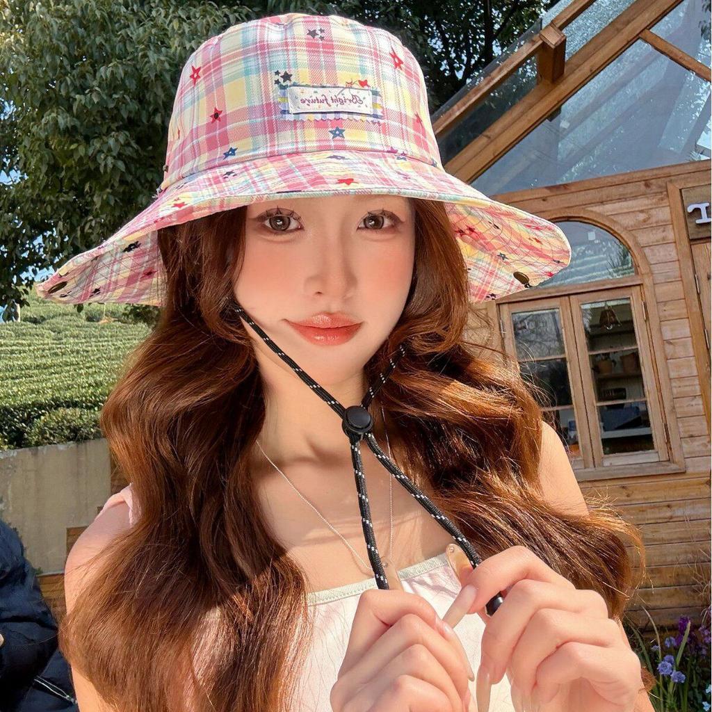 Fresh and Simple Plaid Hat, Two-way Wear Fisherman Hat for Women, Spring and Summer Travel Large Brim Sun Hat, Outdoor Sun Protection Hiking Hat