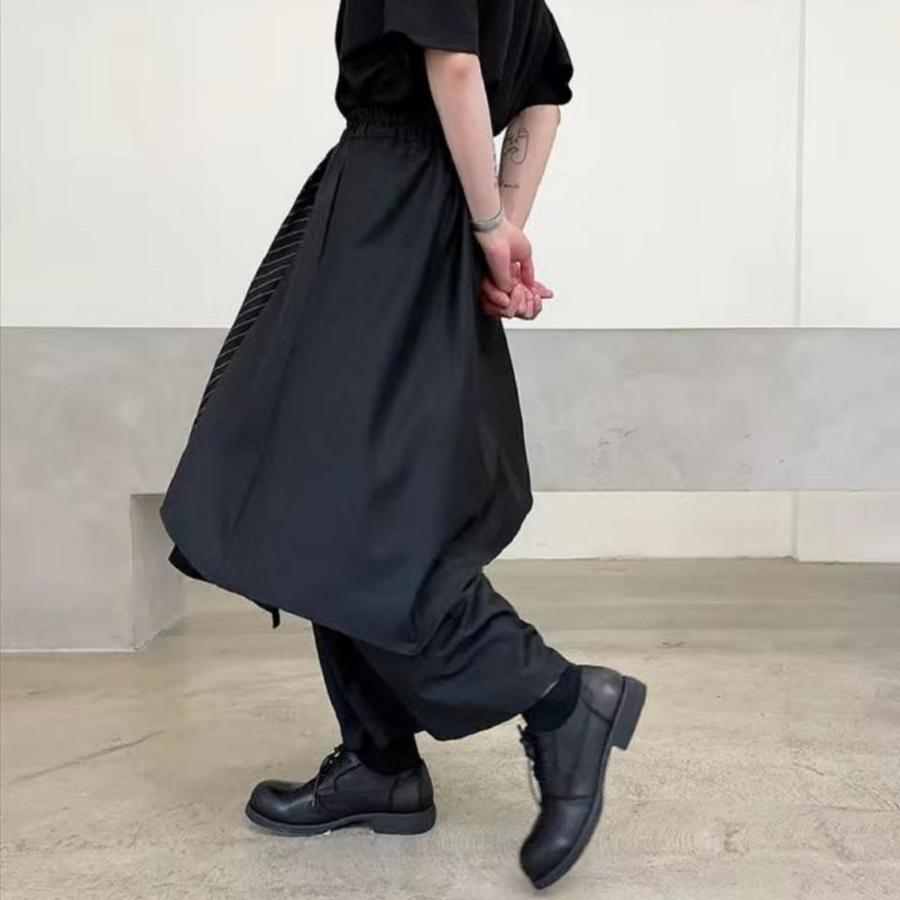 Frühling/Herbst Lässige Hosen Damen Unregelmäßig Dunkel Schwarz Weites Bein Hosen Patchwork Gestreift Mode Hosen
