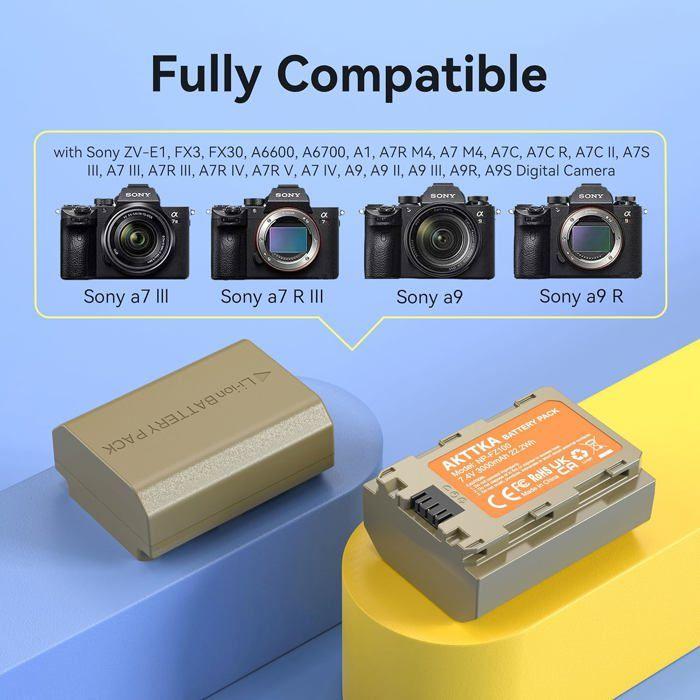 AKTTKA Batterie NP-FZ100 3000mAh (2 Pack) + Chargeur 20W pour Sony A7/A9/FX3, Écran LCD, Organisateur SD