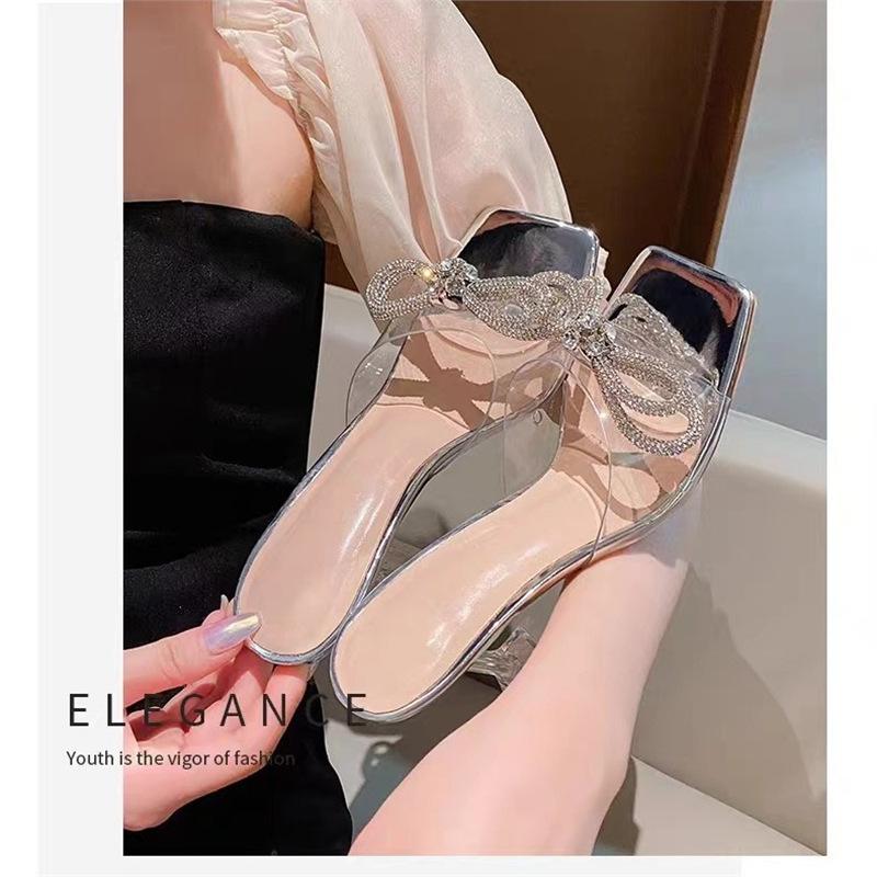 Transparent High Heels Women's New Cool Slippers In the Summer of 2024 Wear Thin Heels Versatile Bow Crystal and Slippers